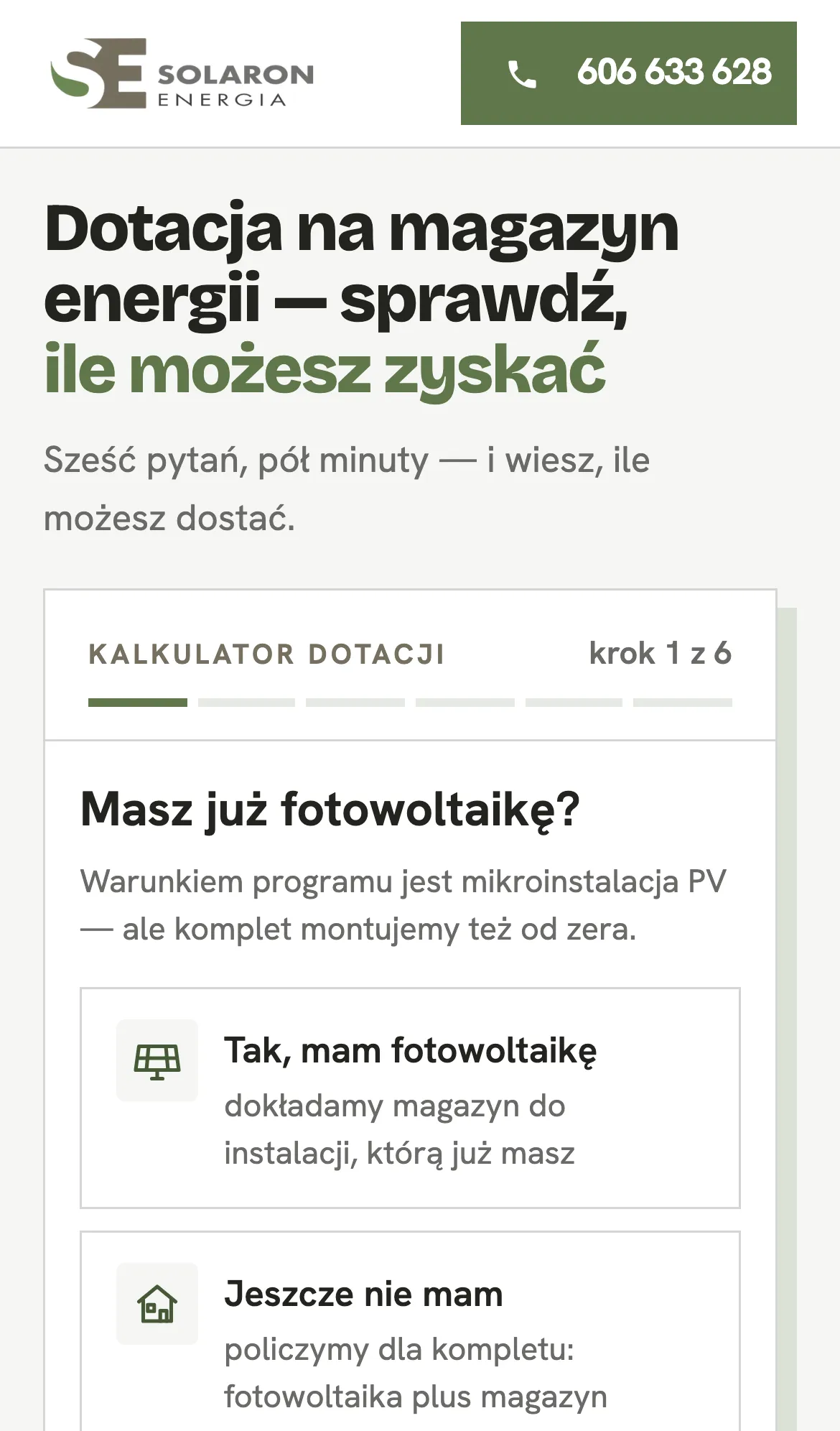 Quiz dotacyjny Solaron Energia na telefonie: krok 1 z 6, pytanie o fotowoltaikę